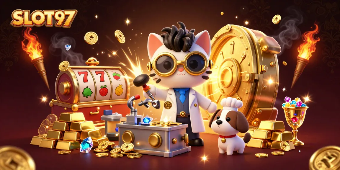SLOT97 offers thrilling slot action with a whimsical lab scene showcasing a mad scientist cat and treasures.