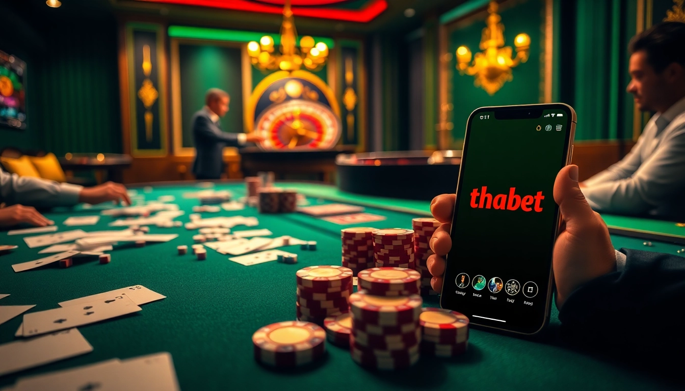 Exciting casino scene illustrating thabet link with engaging gameplay at a roulette table and poker chips.