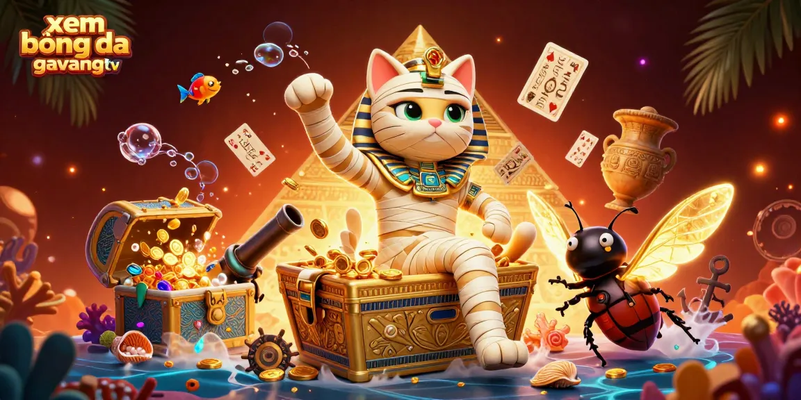 xem bóng đá gavangtv captures an energetic scene with a mummy cat and golden elements in a casino.