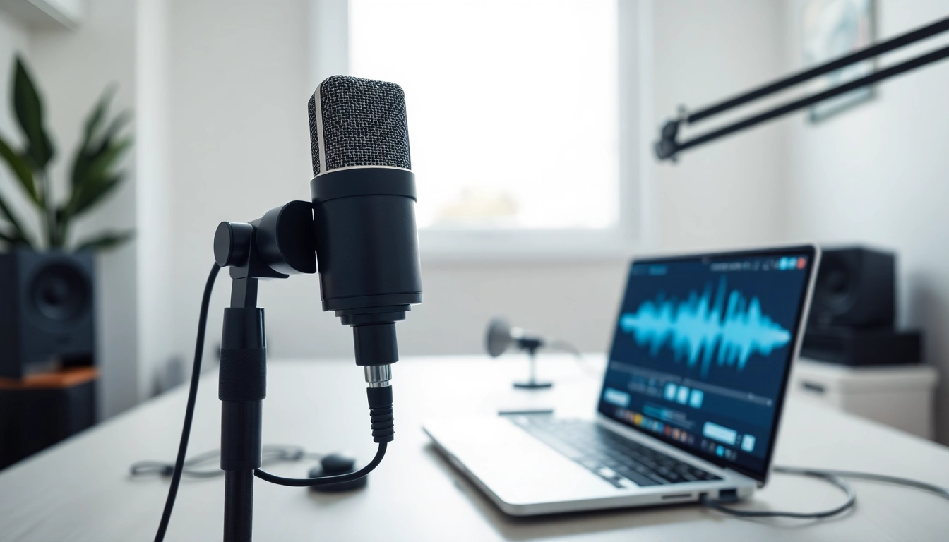 Generate lifelike audio using AI Voice technology in a modern home office setup.
