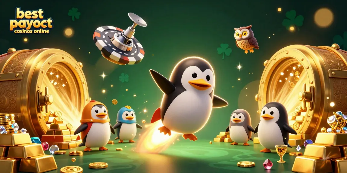 Experience the excitement of the best payout casinos online as a golden penguin journeys through a vibrant casino universe.