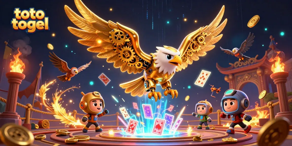Engage in thrilling toto togel action with a cybernetic eagle amidst a vibrant casino scene.