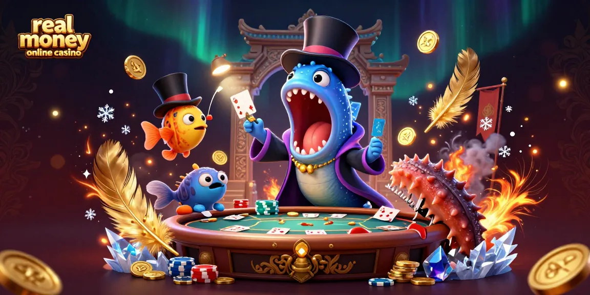 Experience the thrill at a real money online casino with entertaining card tricks and vibrant scenes.