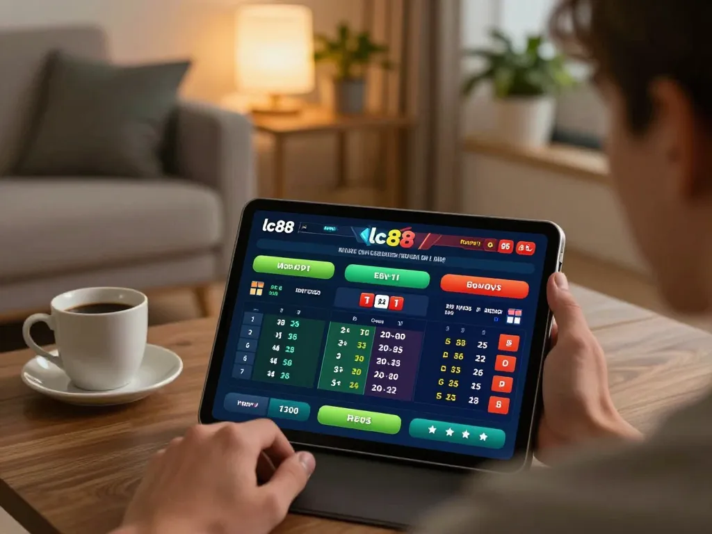 Engaging in sports betting on tablet with lc88, showcasing strategic betting atmosphere and home comfort.