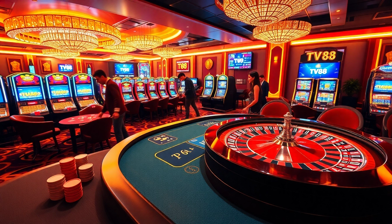 TV88 online gamblers engaging at a luxurious casino table with cards and chips.