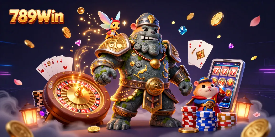 Experience the thrill of 789Win casino with a vibrant 3D scene showcasing magical characters, coins, and games.