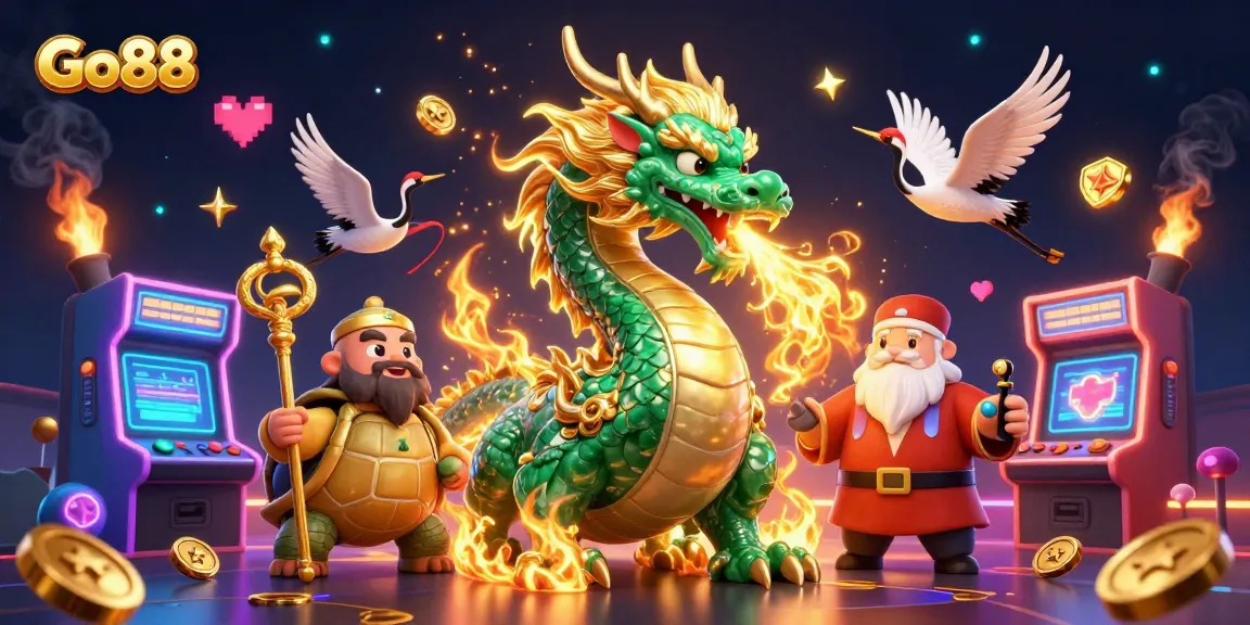 Experience thrilling gameplay with Go88's vibrant dragon and lucky cranes in an exciting casino scene.