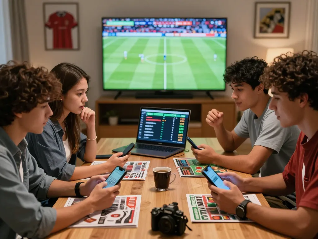 Friends excitedly engaging in Judi Bola betting with laptops and smartphones, live football match displayed, vibrant atmosphere.