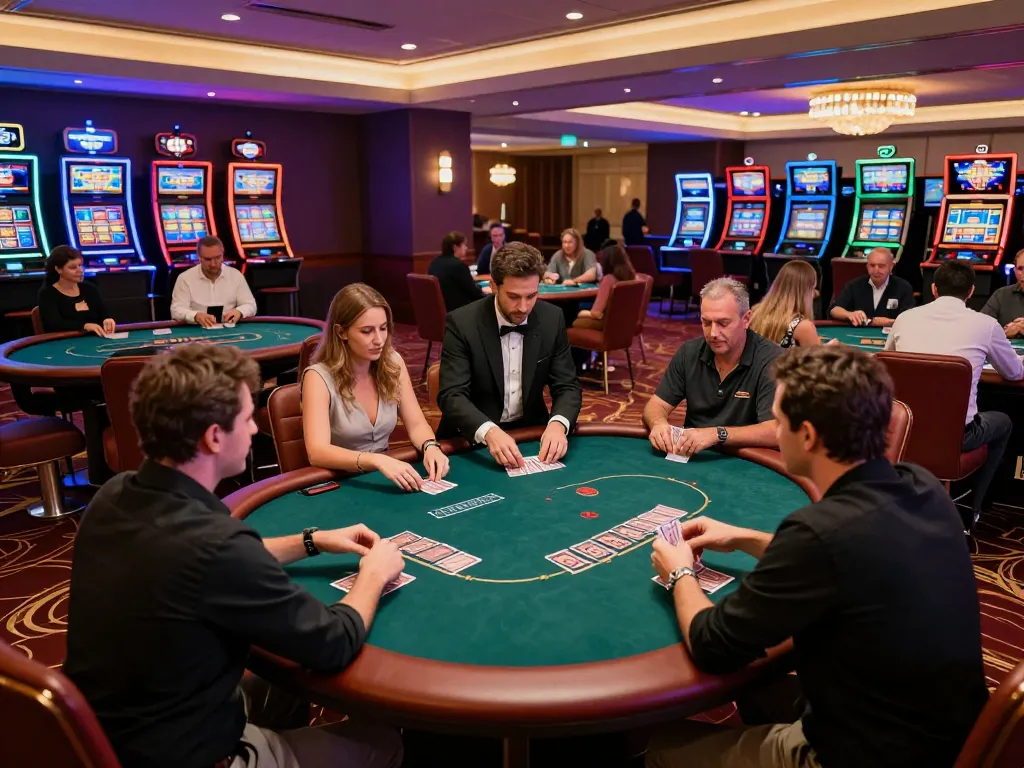 Players enjoying high-stakes poker at OnBet, showcasing excitement and luxury in a vibrant casino setting.