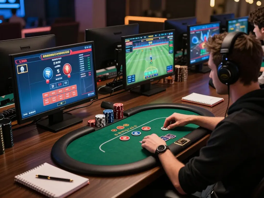 Engaged user at home exploring trang chủ UU88 with multiple screens, showcasing online gaming strategy.