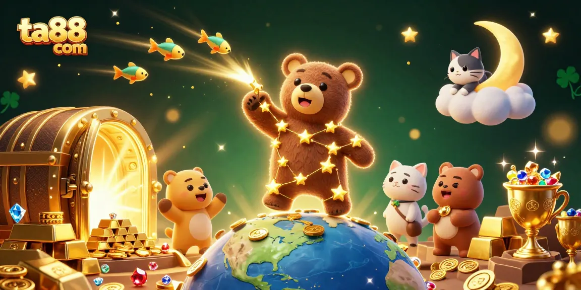 Experience the excitement of ta88 com with dazzling casino-themed illustration, featuring treasures and whimsical characters.