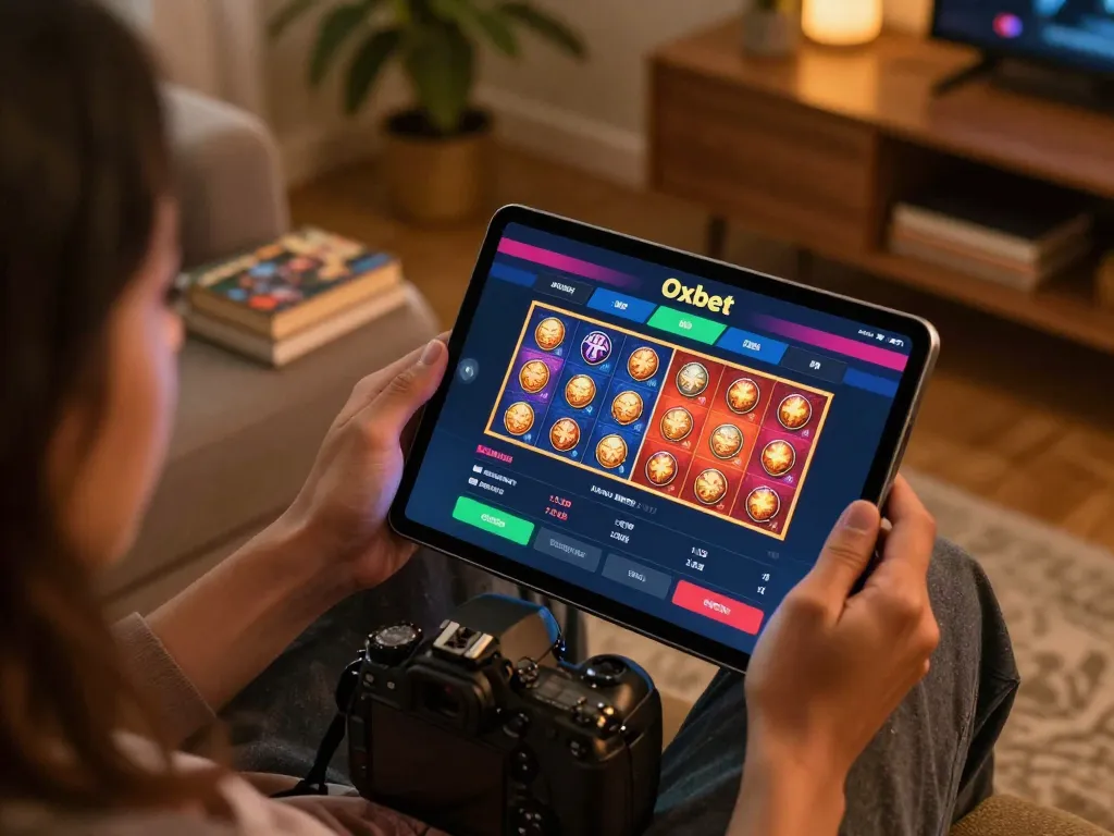 Engaging online gaming scene on Oxbet, showcasing a player navigating the casino app on a tablet, highlighting responsible gaming.