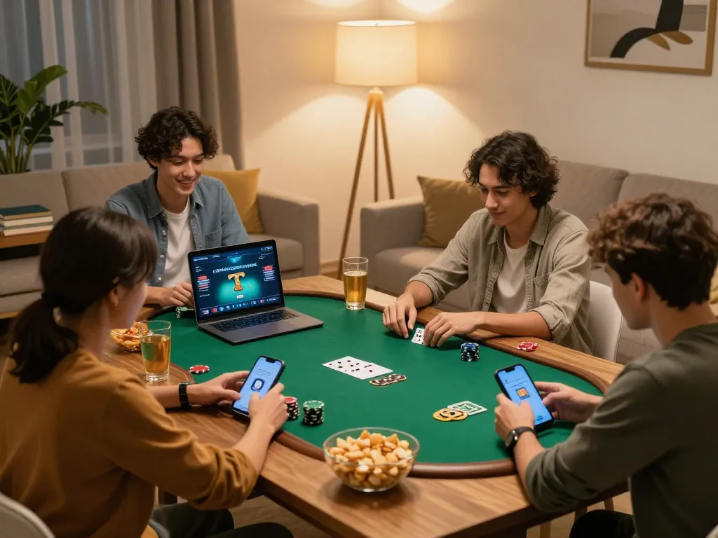 Friends strategizing while using the 789win app for an online poker game in a cozy living room.