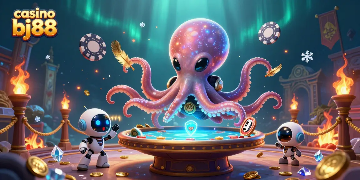 Engage in exciting bets at casino bj88 with an alien octopus around a holographic poker table.