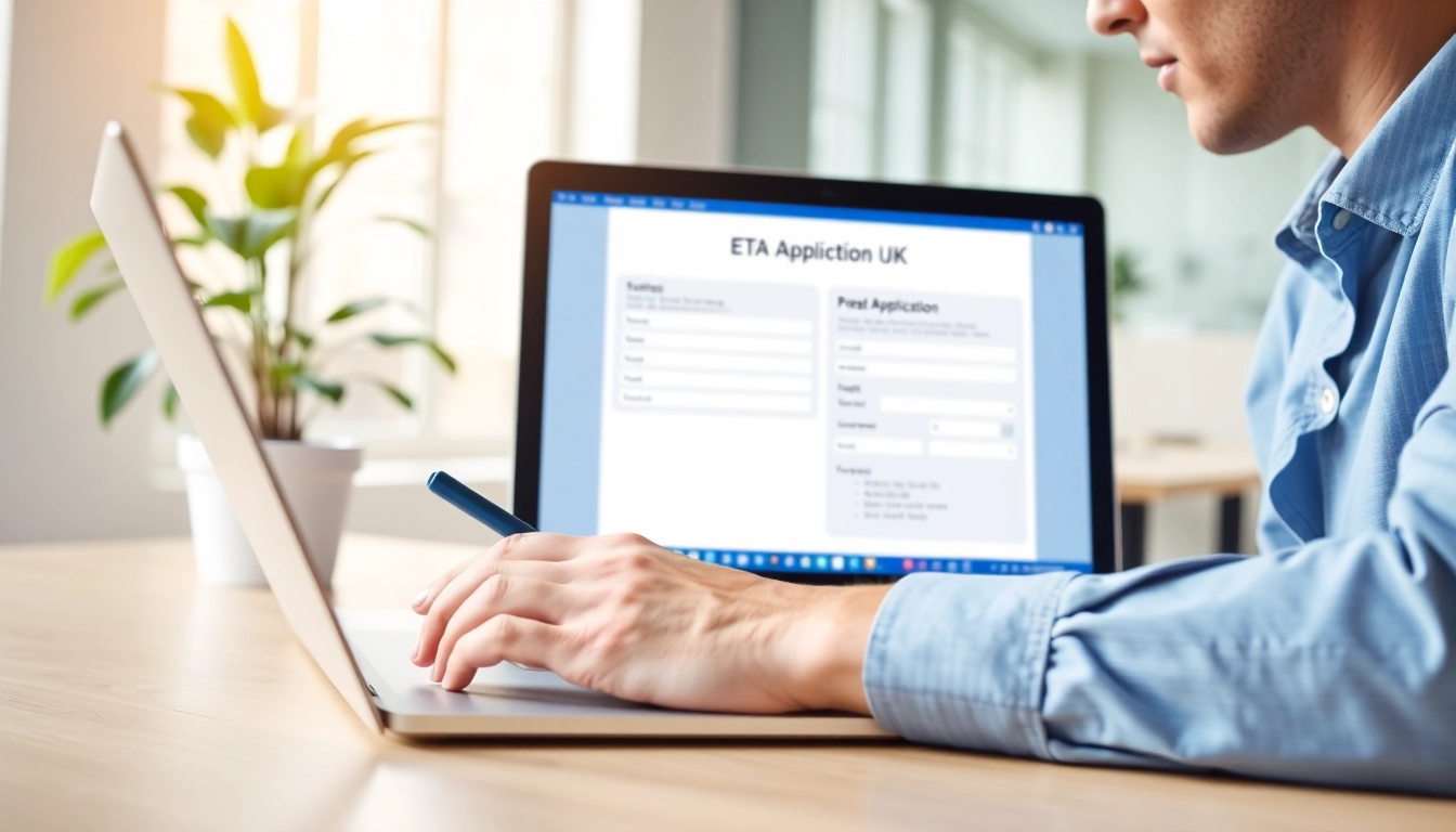 Complete the eta application uk process with a user actively engaged on a laptop in a modern office.