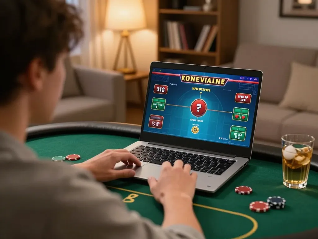 Player engaged in online poker on 888b, showcasing a strategic moment in a cozy home setting.