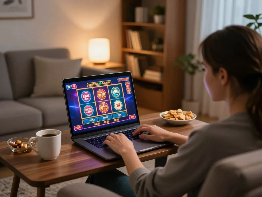 Engaging in online casino gaming with sunwingo on a cozy laptop setup at home.