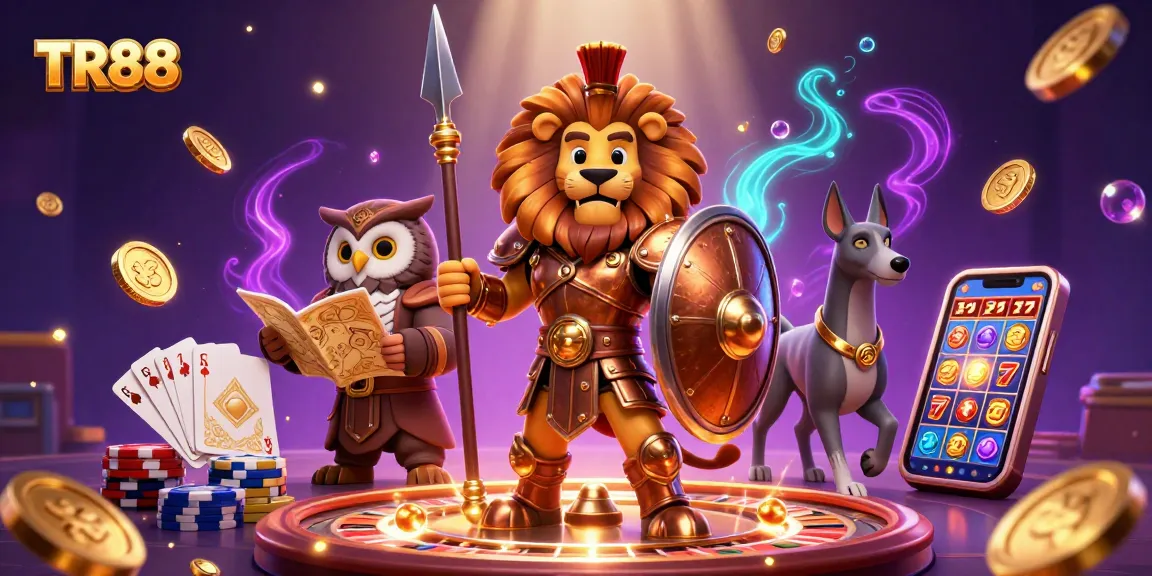Experience TR88 with a heroic Spartan lion amidst casino treasures and enchanting visuals.