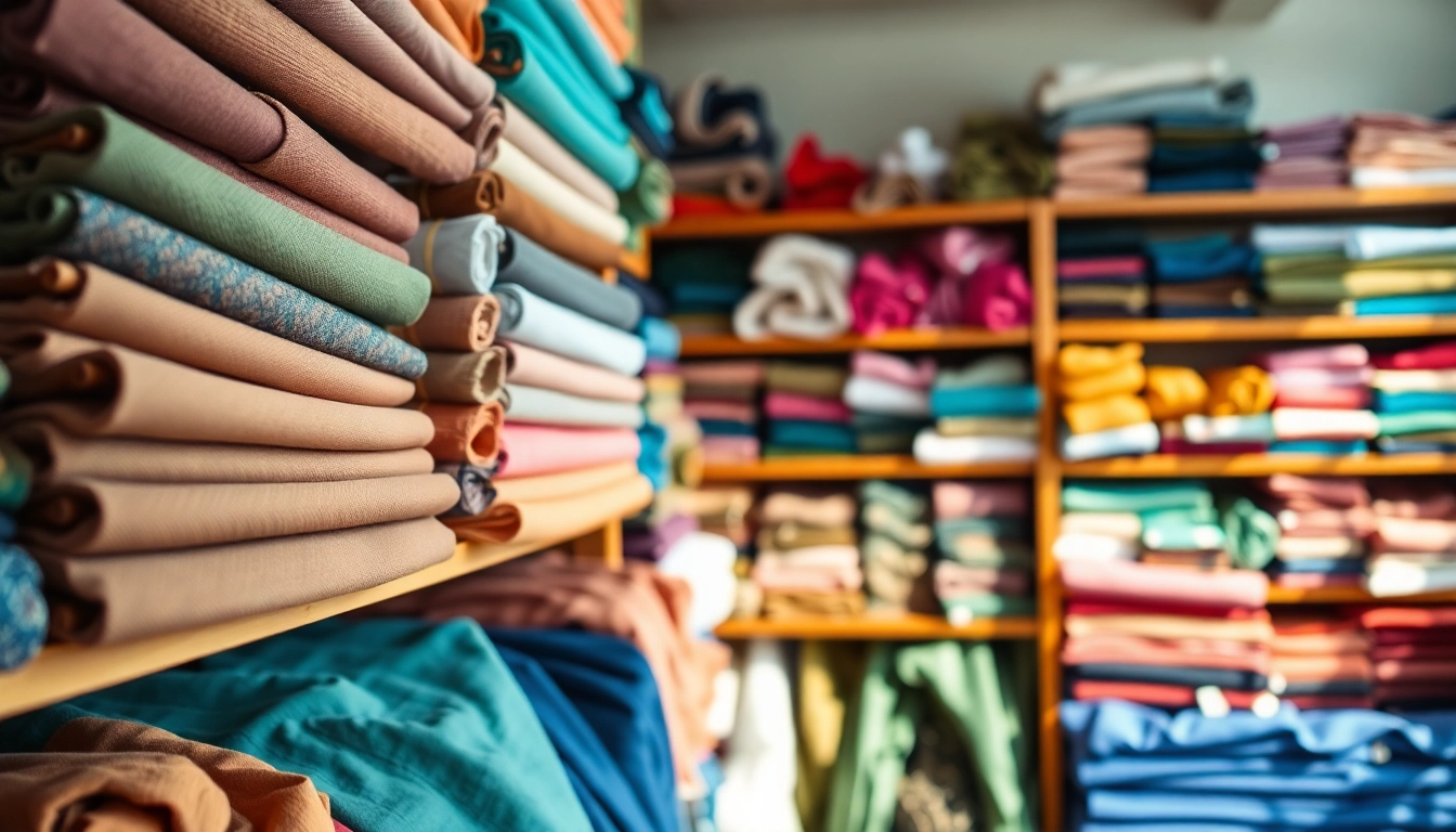 Kopen per meter van stof met een focus op kleurrijke stoffen in een winkel.