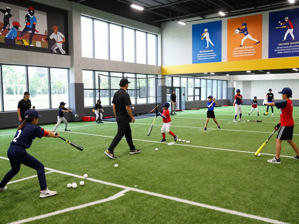 Youth baseball training at hitclub facility, young athletes in action with coaches.