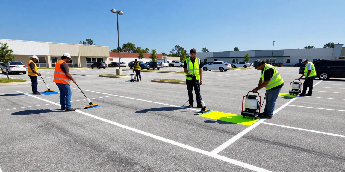 Professional pavement marking mobile al crew at work in bright, organized commercial lot.