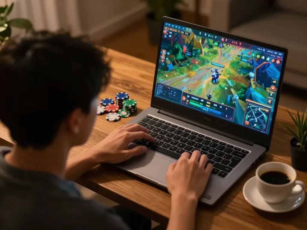 Engaging gameplay of tài xỉu online uy tín in a cozy home setting with a player strategizing their bets.