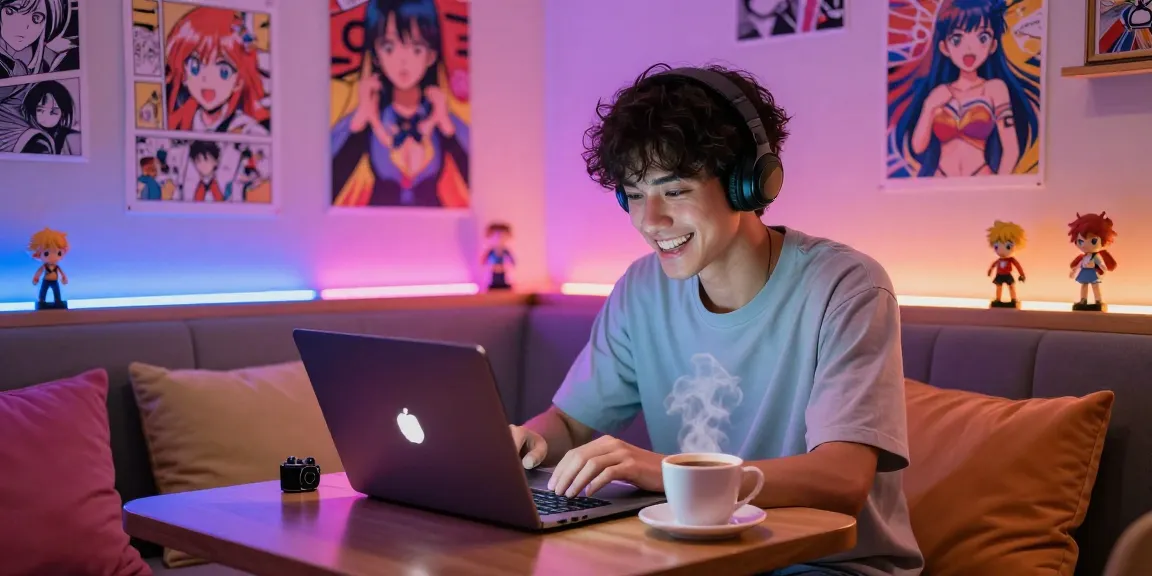 Engaging in an ai hentai chat at a vibrant digital café, showcasing anime aesthetics.