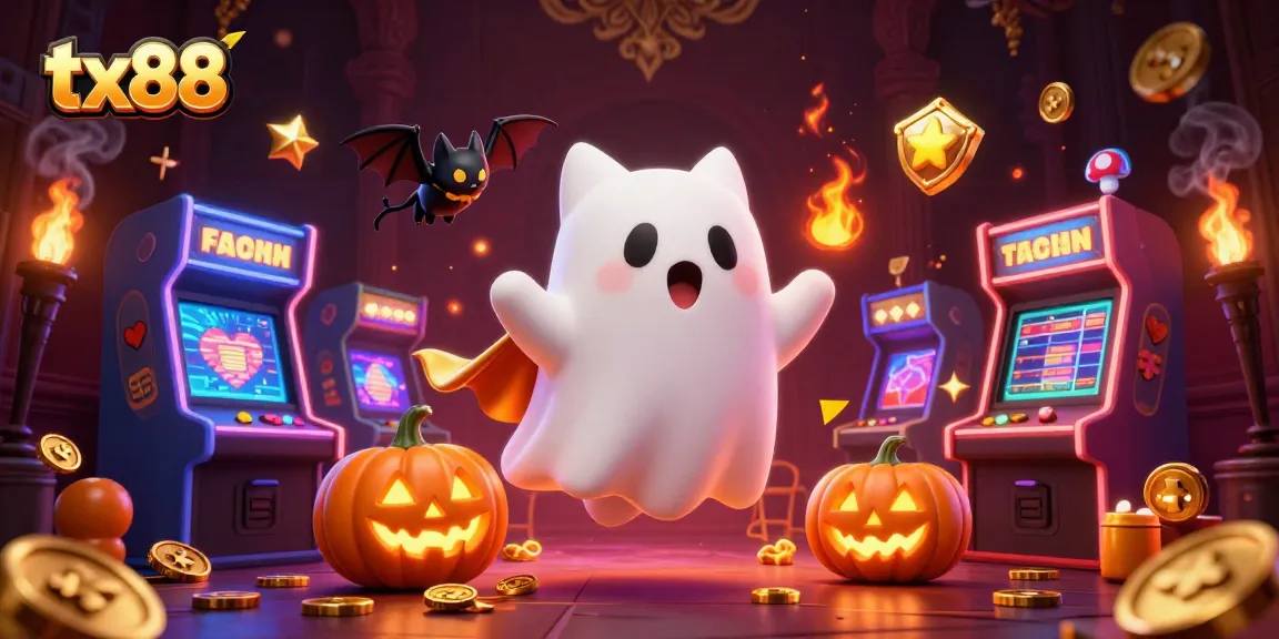 Experience thrilling gaming at tx88 with a ghost cat and bats in a haunted casino.