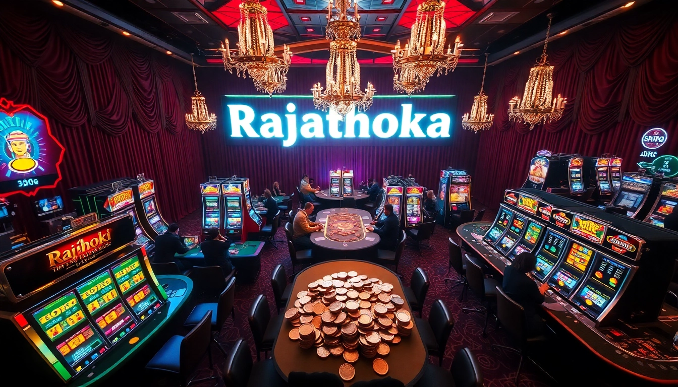 Rajahoki login untuk aplikasi kasino yang menampilkan pemain aktif dan mesin slot berwarna-warni.