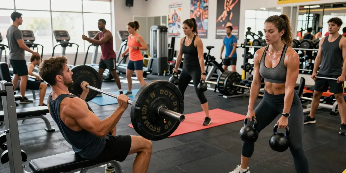 Muscular individuals training at Steroide Boutique gym, showcasing fitness dedication and energetic atmosphere