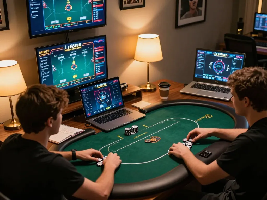 Players strategizing in an online poker game using lc88app in a modern home setup.