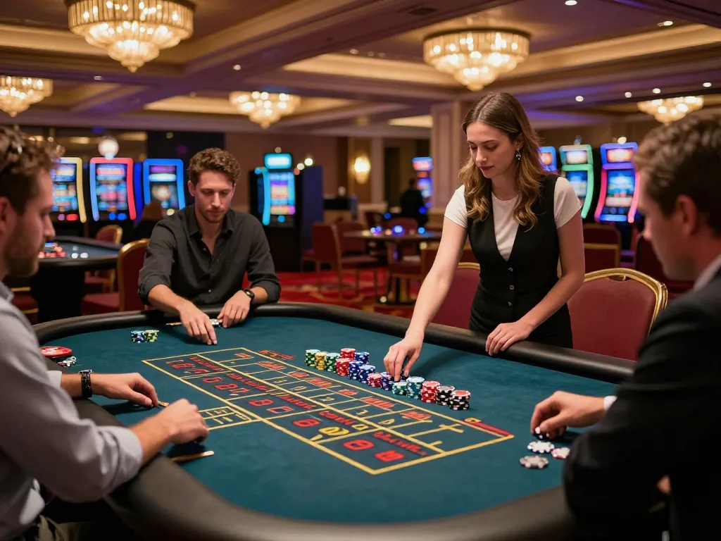 Players engaging in a thrilling roulette game at a go88vn casino, showcasing vibrant chips and a dynamic croupier in action.