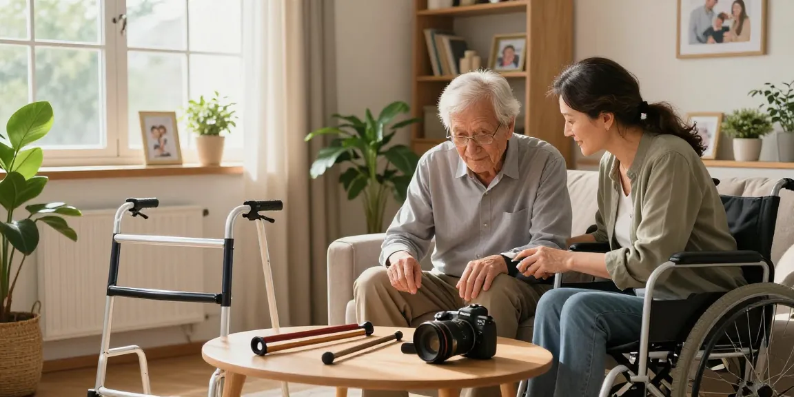 Buy nobility aids with an elderly person exploring options in a bright home setting.