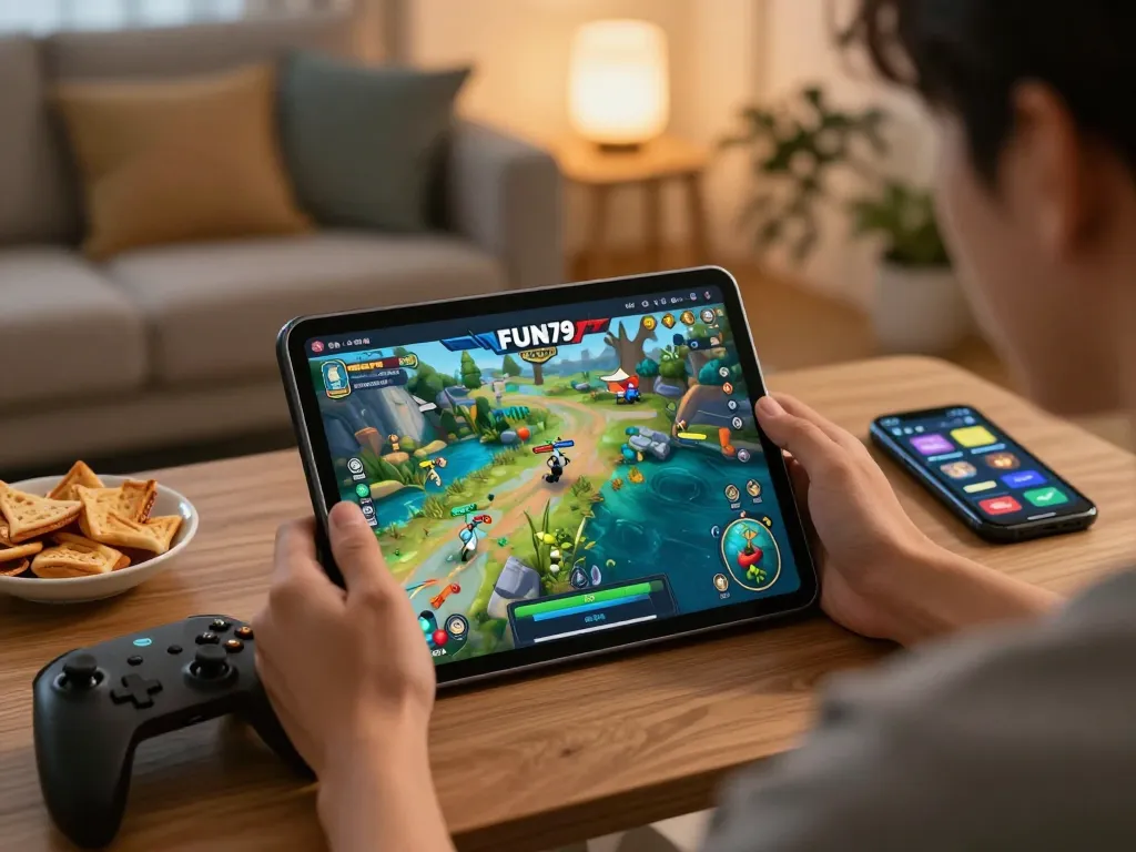 Experience fun79's engaging online gameplay with a user focused on winning strategies in a cozy setup.