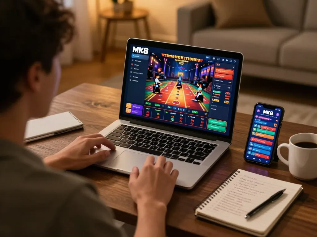 Engaging with MK8 online gaming platform on a laptop, showcasing strategic betting options in a cozy home setup