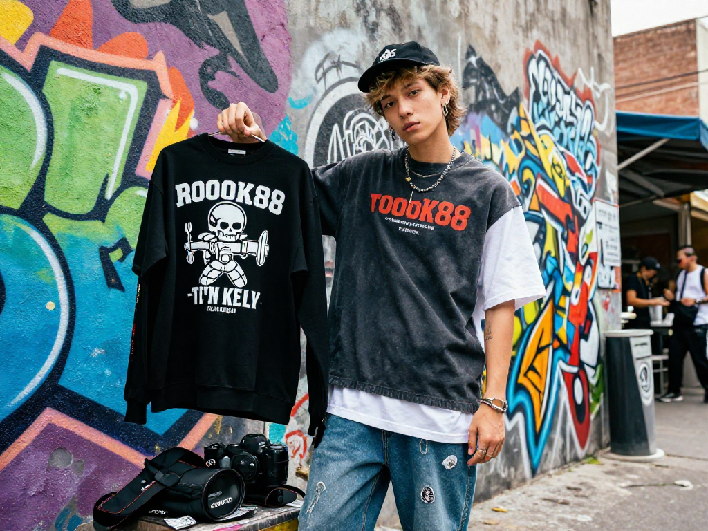 Youthful individual showcasing rokok88 streetwear in vibrant urban setting.