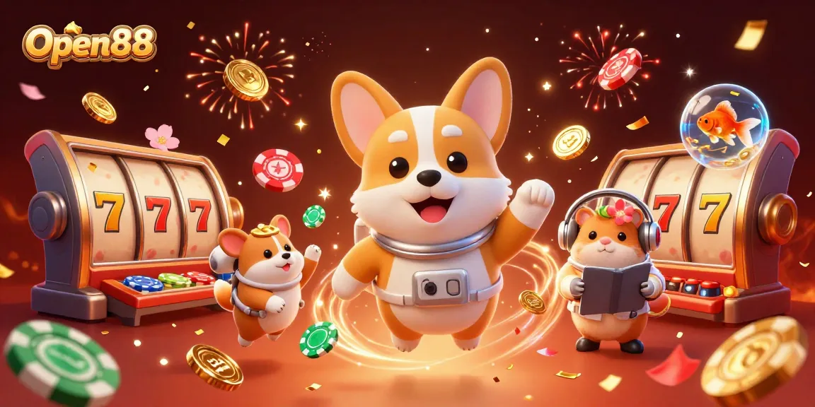 Open88's exciting gaming environment showcased by a 3D cartoon astronaut corgi amidst floating casino elements.