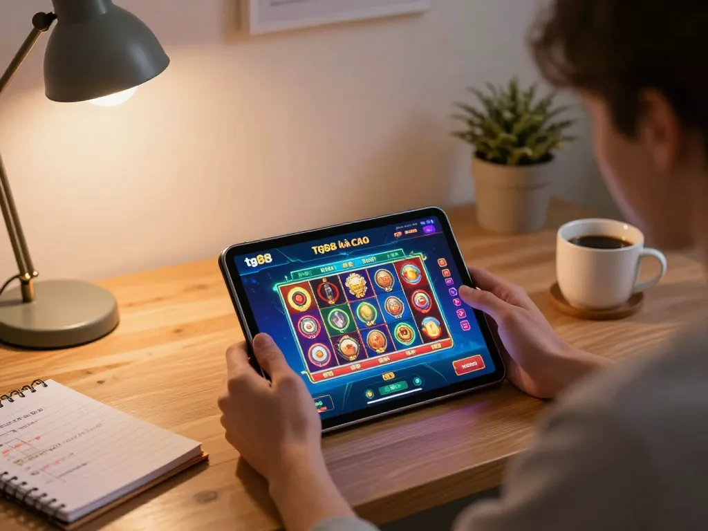 Engaging online gambling with tg88 nhà cái on a tablet, showcasing vibrant slot game graphics