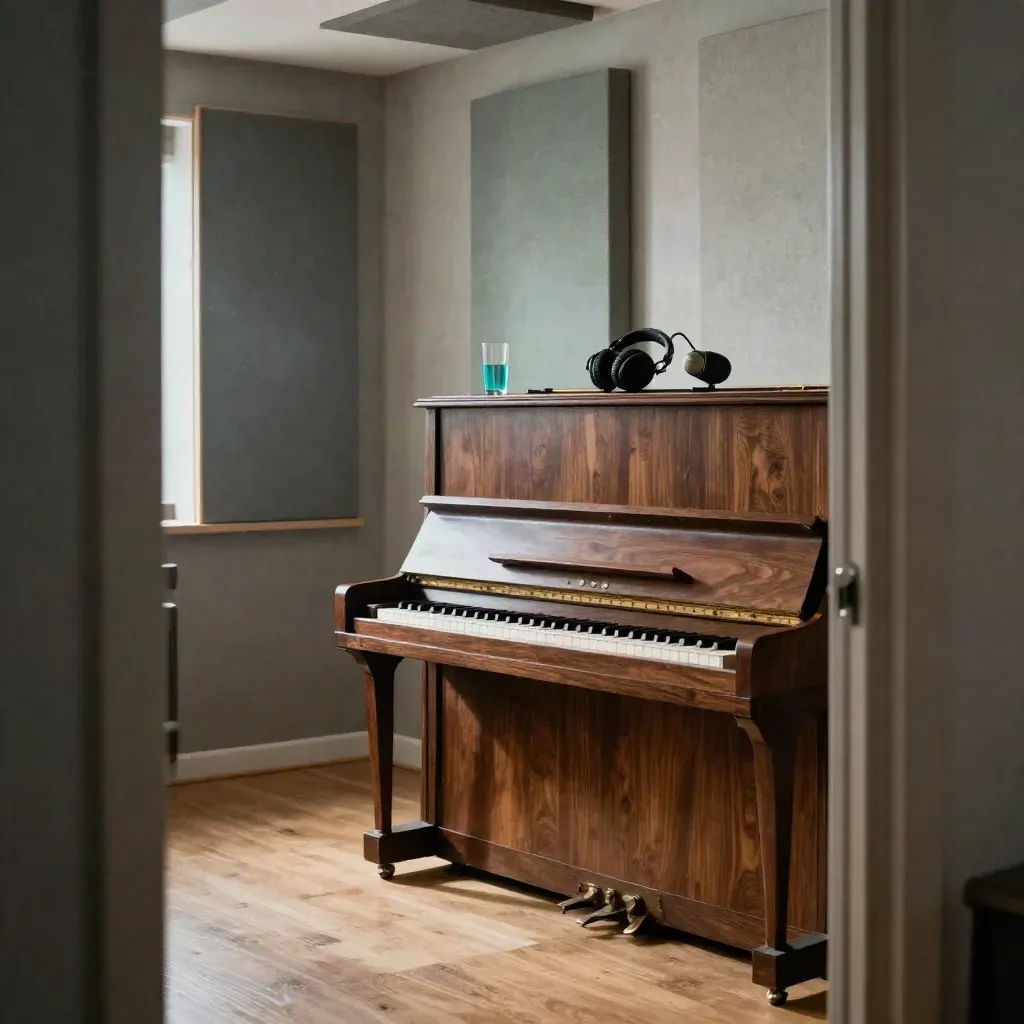 Studio vocale vuoto con pianoforte, microfono sospeso e corridoio luminoso dopo la pioggia