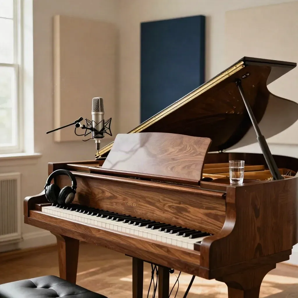 Angolo di sala canto con pianoforte, microfono, cuffie, sgabello e bicchiere d’acqua