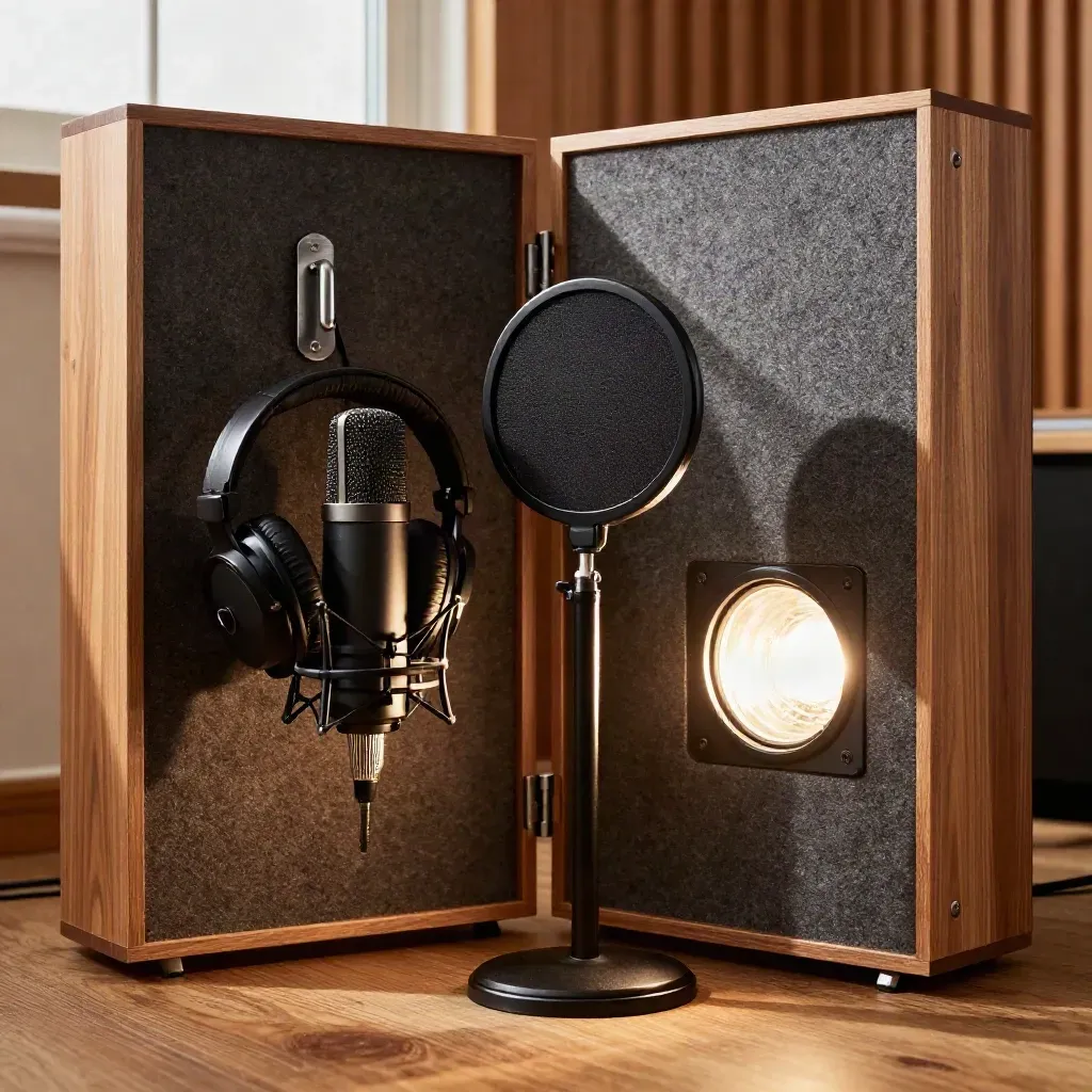 Microfono con pop filter e cuffie in una cabina vocale calda, con luce monitor corallo.