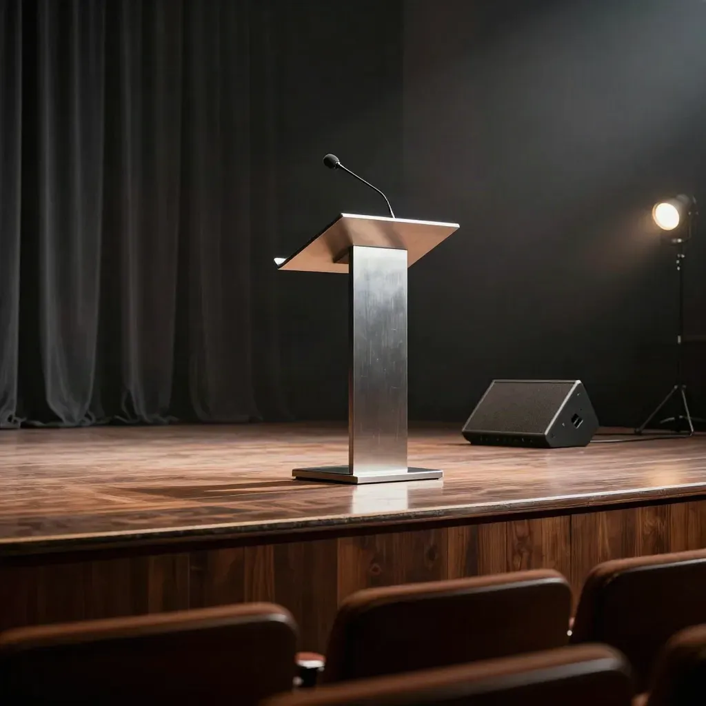 Palco vuoto con leggio, microfono e luce calda in teatro buio