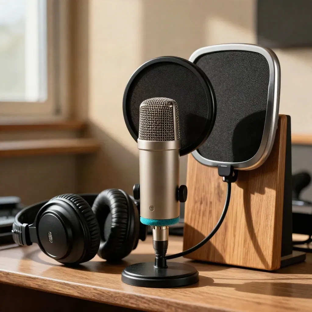 Microfono broadcast, cuffie chiuse e pannello acustico in un angolo studio caldo.