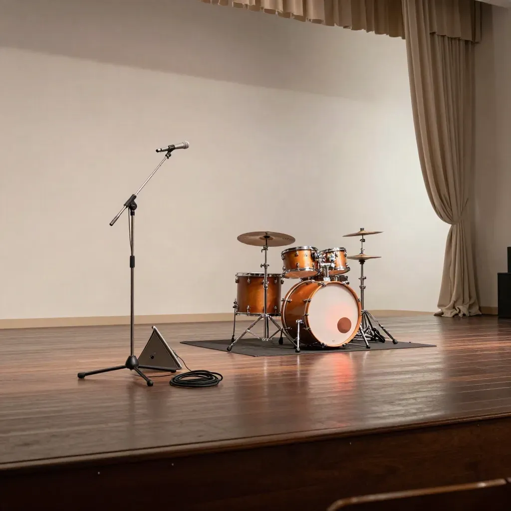 Palco vuoto con microfoni, batteria e monitor pronti per un live.