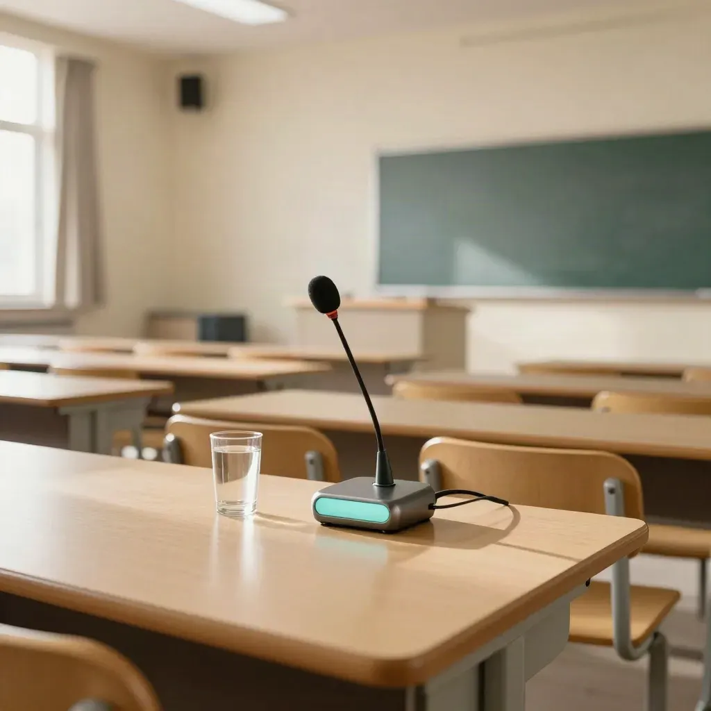Aula vuota con microfono su dock, banchi ordinati e luce del pomeriggio sulle pareti chiare.