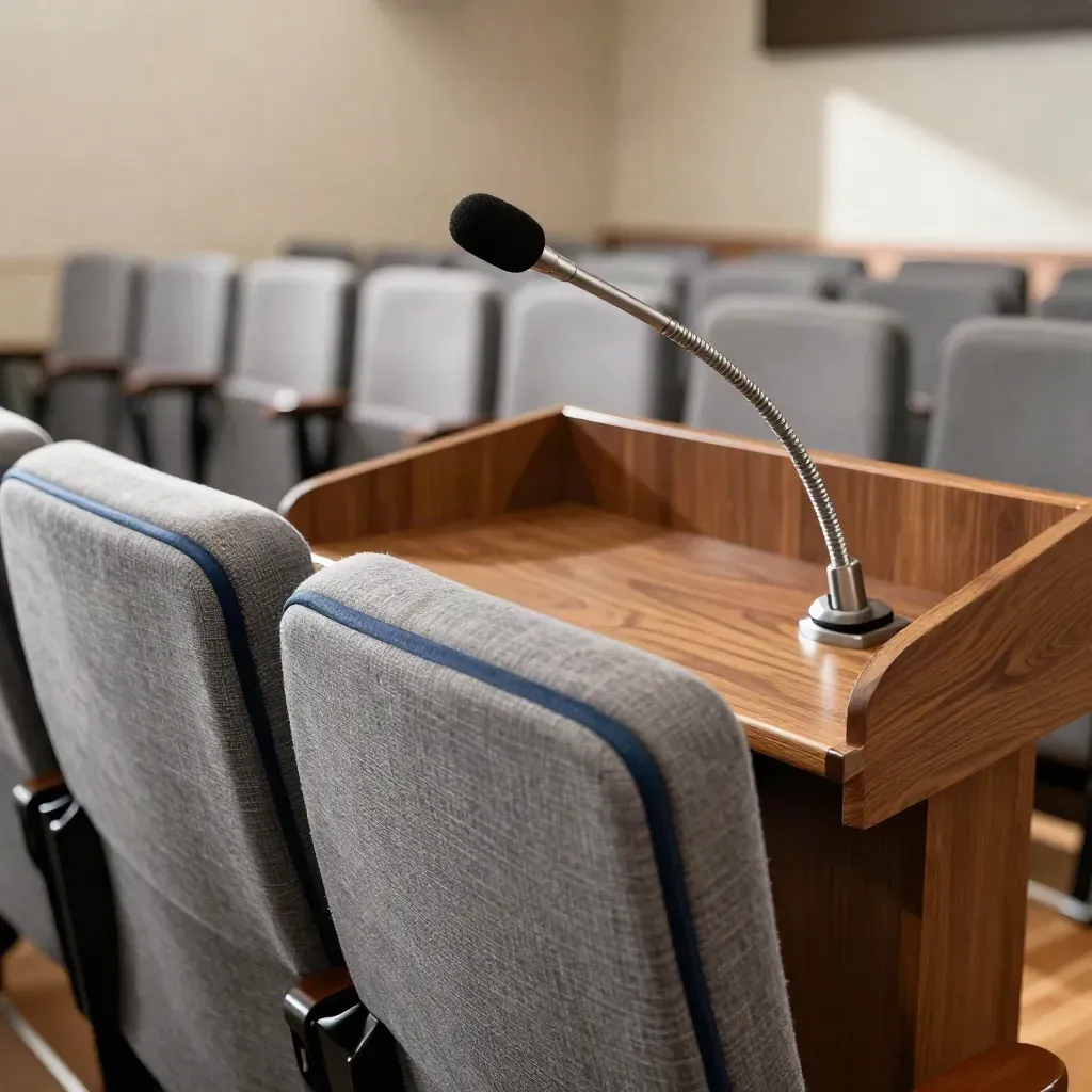 Auditorium vuoto con leggio, microfono a collo d’oca e sedute morbide in luce calda.