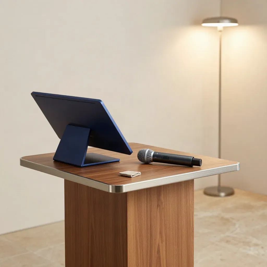 Angolo conferenze elegante con leggio, microfono wireless, faro a terra e schermo spento.