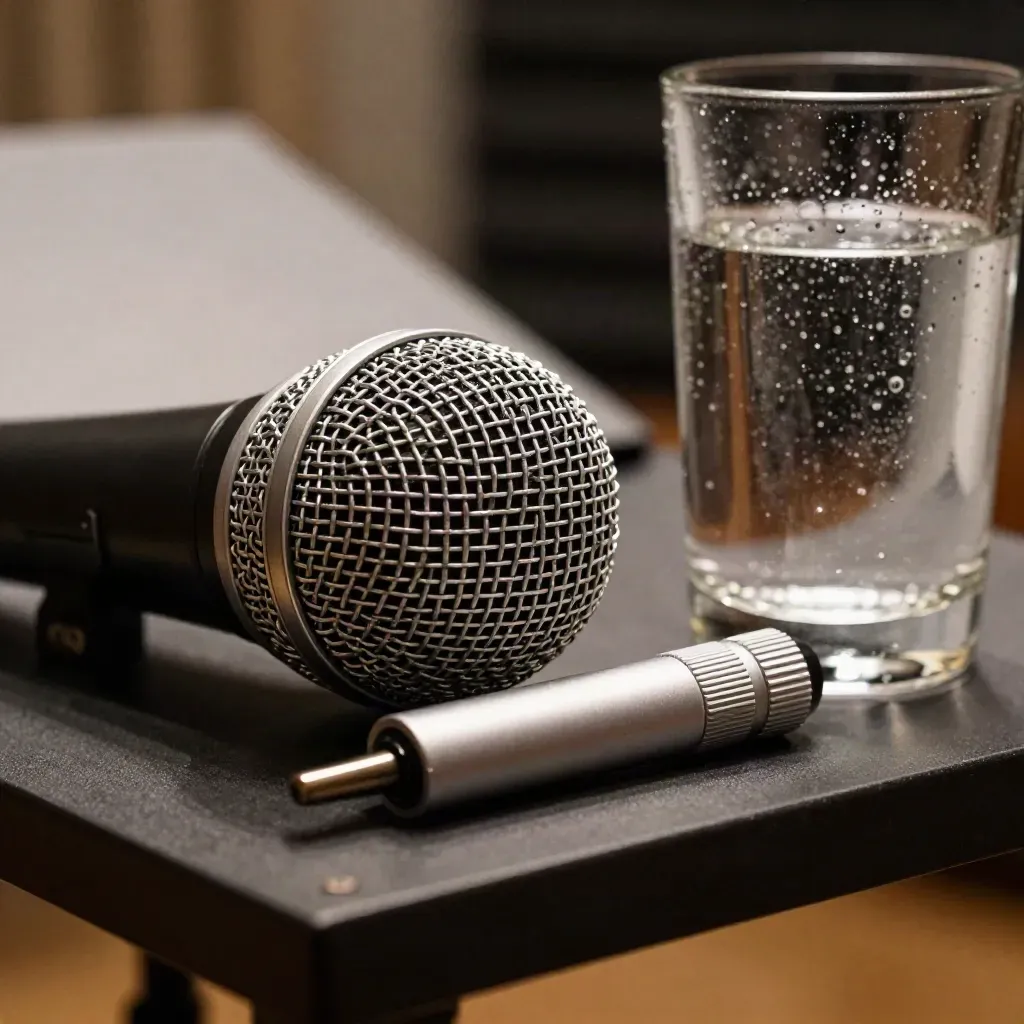 Microfono broadcast, clicker e bicchiere d’acqua su leggio scuro in studio vocale.