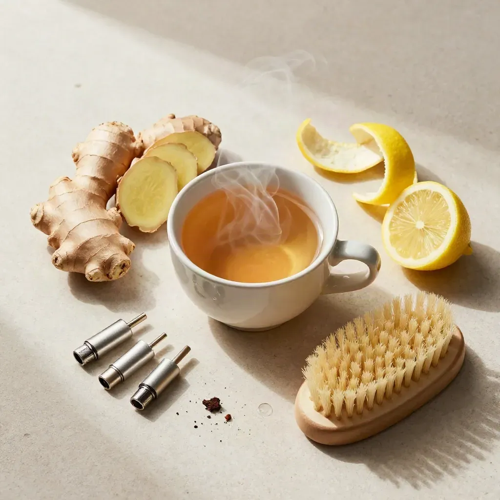 Set per la cura della voce con tè alle erbe, zenzero, limone e spazzolino su pietra chiara.