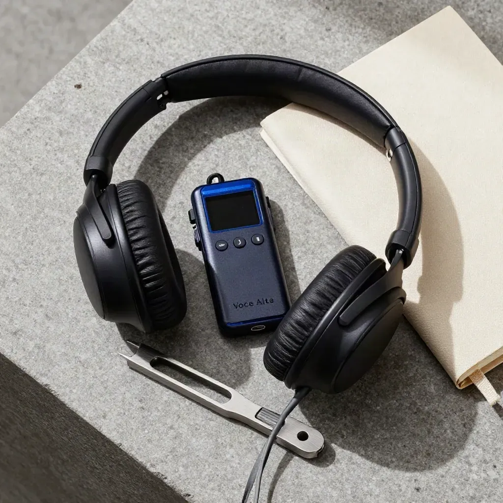 Flatlay dall'alto con cuffie, diapason, registratore e taccuino su pietra fredda.